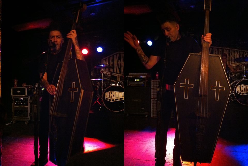 Psychobilly bassist Kim Nekroman of the Nekromantix made his own bass out of a child-sized coffin. 
Photos by Maggie Molloy.