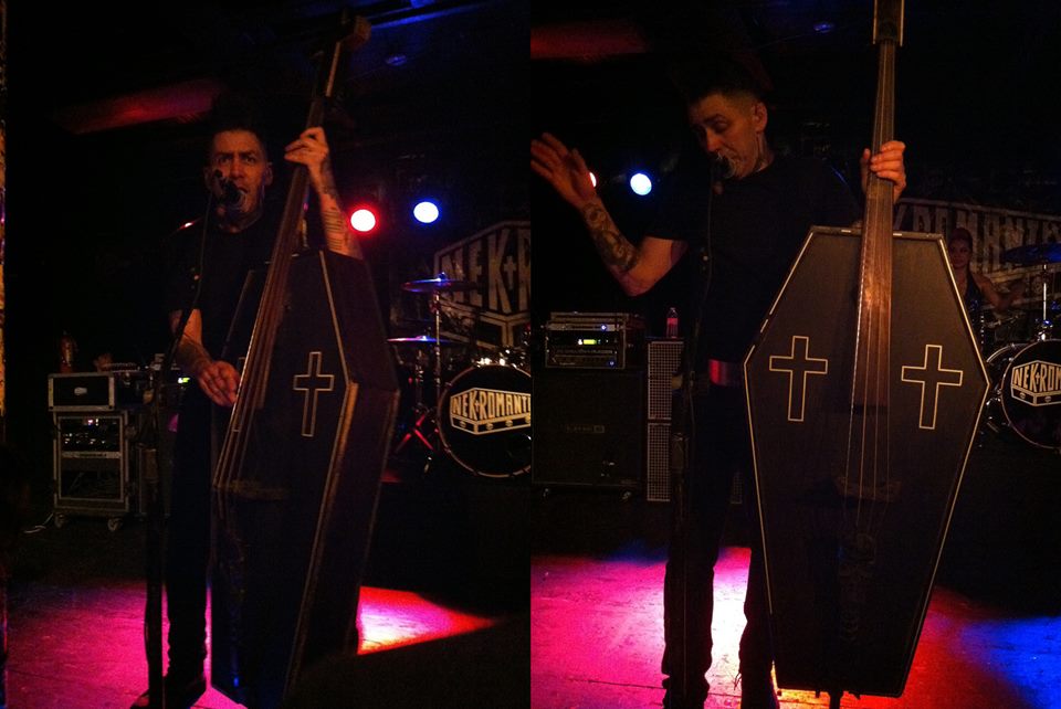 Psychobilly bassist Kim Nekroman of the Nekromantix made his own bass out of a child-sized coffin.
Photos by Maggie Molloy.